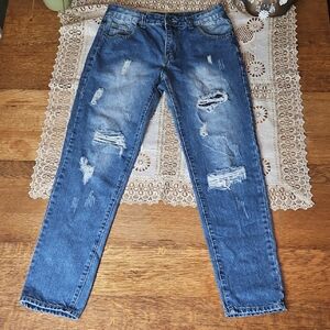 Blue Denim Distressed Frayed Womens Jeans Size 30